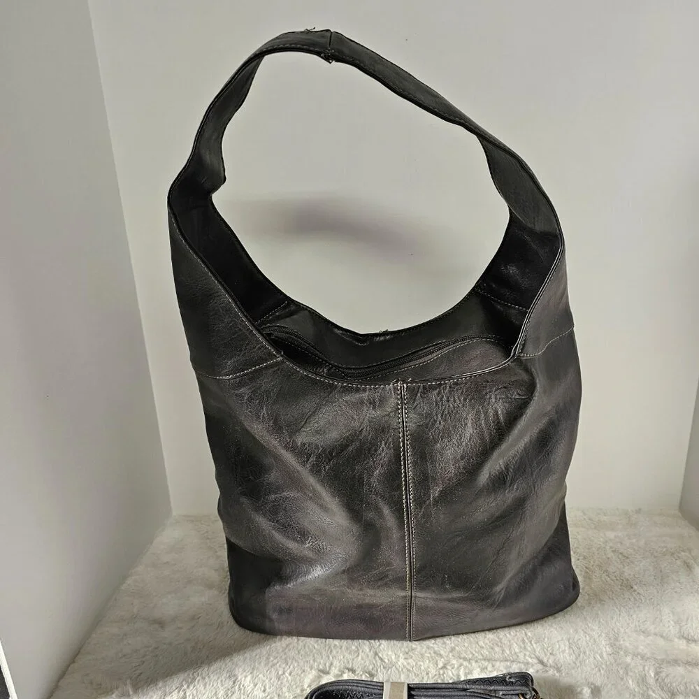 NWOT Black Gray Faux Leather Hobo Bag w/ Makeup Bag Crossbody